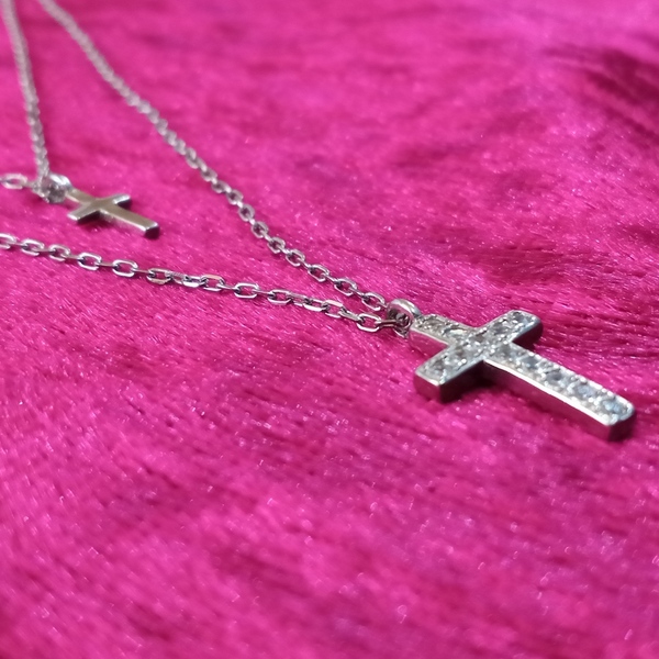 Διπλό ασημένιο κολιέ με σταυρούς 925 - Ασημί χρώμα - ασήμι 925, σταυρός, μακριά, layering - 4