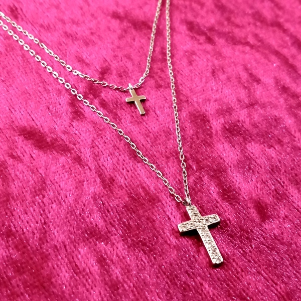 Διπλό ασημένιο κολιέ με σταυρούς 925 - Ασημί χρώμα - ασήμι 925, σταυρός, μακριά, layering - 5