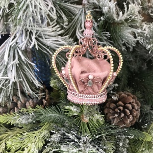 Χριστουγεννιάτικο στολίδι Στέμμα ή Κορωνα με στρας και πέρλες ροζ - μέταλλο, στολίδια - 2