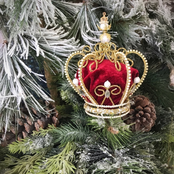 Χριστουγεννιάτικο στολιδι δέντρου Στέμμα η Κορωνα με στρας και πέρλες 15 εκ. - vintage, στολίδια - 2