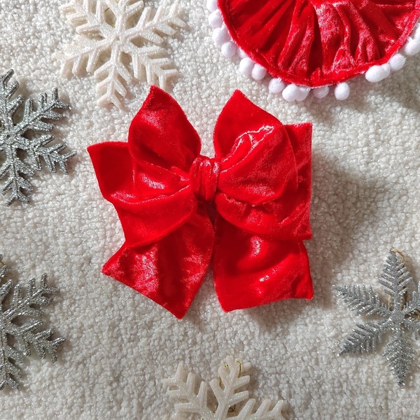 Χειροποίητος Χριστουγεννιάτικος τριπλός κόκκινος βελούδινος φιόγκος με μπαρέτα 15*15 εκ. 1τμχ - ύφασμα, φιόγκος, βελούδο, χριστούγεννα - 2