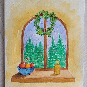 Χριστουγεννιάτικη κάρτα ζωγραφισμένη στο χέρι - παράθυρο - ζωγραφισμένα στο χέρι, χαρτί, ευχετήριες κάρτες - 2