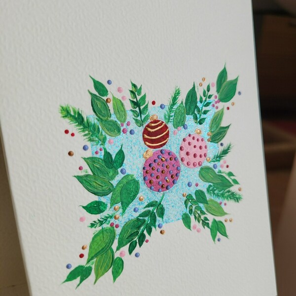 Χριστουγεννιάτικη κάρτα ζωγραφισμένη στο χέρι - μπαλίτσες - ζωγραφισμένα στο χέρι, χαρτί, ευχετήριες κάρτες - 4