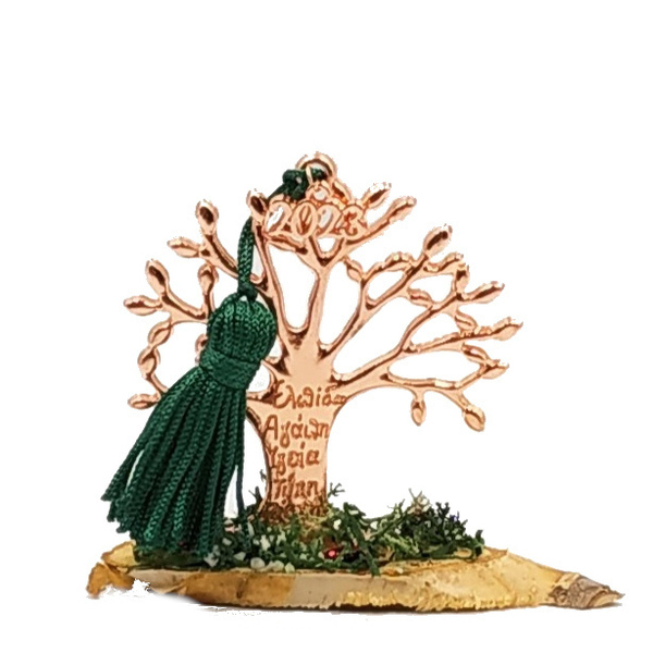 Γούρι 2023 - Μεταλλικό δέντρο ζωής με ευχές (ροζ χρυσό) - πράσινη φούντα και βρύα - ξύλο, μέταλλο, διακοσμητικά, χριστουγεννιάτικα δώρα, δέντρο