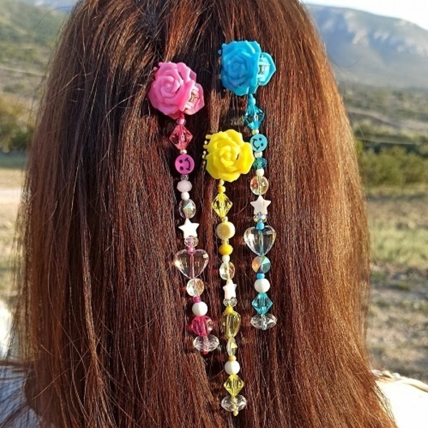 Κοκαλάκια μαλλιών τριαντάφυλλο με κρεμαστό σχέδιο - πλαστικό, hair clips - 2