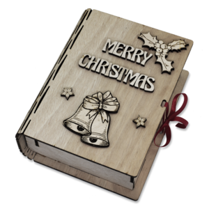Ξύλινο βιβλίο κουτί με ξύλινα διακοσμητικά στοιχεία Καλά Χριστούγεννα στα αγγλικά γκι καμπανούλα αστεράκια - ξύλο, διακοσμητικά - 2