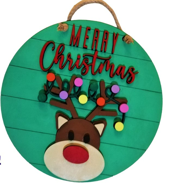 Πινακίδα πολύχρωμη στρογγυλή Merry Christmas με σχέδιο ελαφάκι- 28 εκ - ξύλο, διακοσμητικά - 2