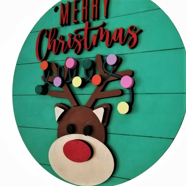 Πινακίδα πολύχρωμη στρογγυλή Merry Christmas με σχέδιο ελαφάκι- 28 εκ - ξύλο, διακοσμητικά - 4