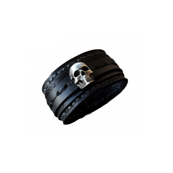 Φαρδύ Μαύρο Αντρικό Δερμάτινο Βραχιόλι Silver Skull, 3Χ21 εκ - δέρμα, ασήμι, βραχιόλια