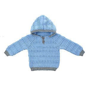 Χειροποίητο πλεκτό πουλόβερ για μωρά και μικρά παιδάκια, χρώματος γαλάζιο με ανοικτό γκρί - αγόρι, παιδικά ρούχα, 1-2 ετών