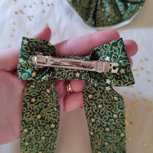 Χειροποίητος υφασμάτινος βαμβακερος φιογκος πράσινος με αστέρια με μπαρετα 1τμχ 18 με 23εκατοστά - φιόγκος, ιδεά για δώρο, αξεσουάρ μαλλιών, hair clips - 3