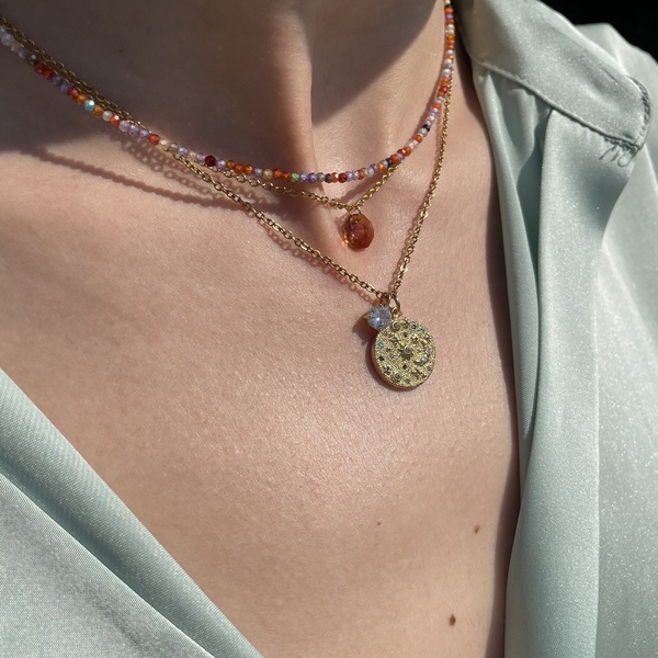 Cosmic medallion necklace| φλουρί - μενταγιόν με ζιργκόν - επιχρυσωμένα, ατσάλι, ζιργκόν, φλουριά, μενταγιόν - 2