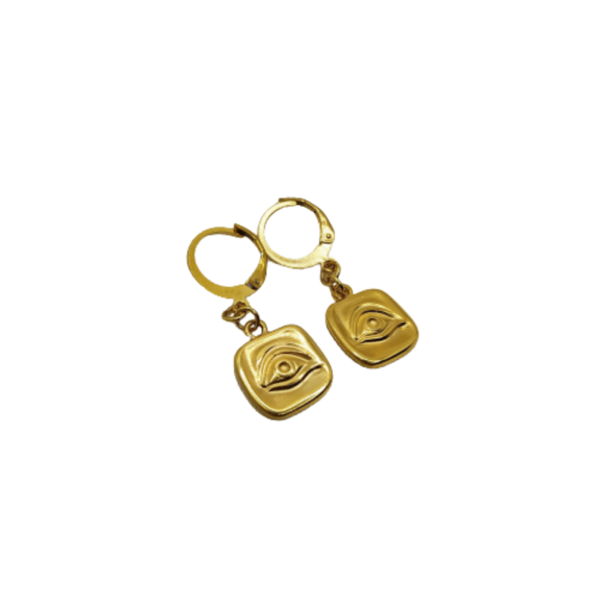 Ατσαλινα σκουλαρίκια με επιχρυσο στοιχείο ματακι 24Κ - επιχρυσωμένα, μικρά, ατσάλι, κρεμαστά, νυφικά