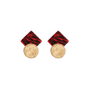 Χειροποίητα σκουλαρίκια animal print απο πολυμερικό πηλό σε κόκκινο χρώμα με φύλλα χρυσού - πηλός, καρφωτά, πολυμερικό πηλό