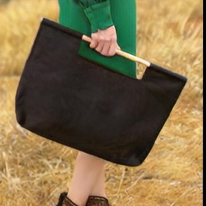 Γυναικεία χειροποίητη τσάντα. Από Σουετ Ύφασμα Μαύρο και ξύλινο χερούλι. Anifantou - μεγάλες, all day, φελλός, χειρός - 5