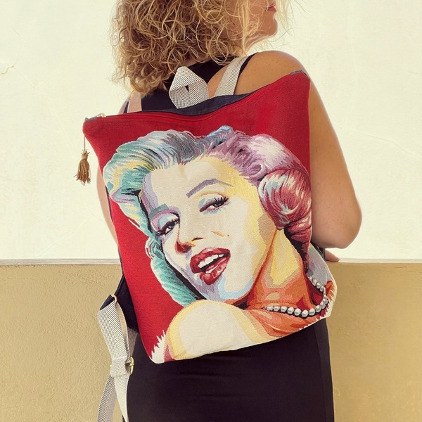 Tσάντα πλατης χειροποιητο backpack απο ύφασμα με μοτίβο τη Marilyn Monroe - ύφασμα, πλάτης, σακίδια πλάτης, μεγάλες, all day - 2