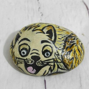 Ζωγραφισμένo βότσαλο SeaGardenStone με χαρούμενη γατούλα, - πέτρα, γάτα, διακοσμητικές πέτρες