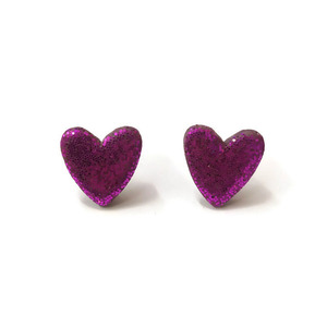 Purple hearts - Σκουλαρίκια καρδιές από πηλό με μωβ γκλίτερ - καρδιά, πηλός, καρφωτά, ατσάλι, κοσμήματα