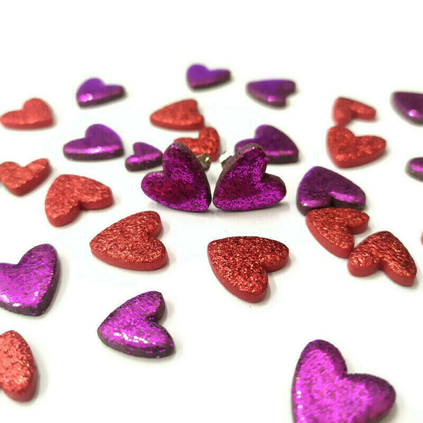 Purple hearts - Σκουλαρίκια καρδιές από πηλό με μωβ γκλίτερ - καρδιά, πηλός, καρφωτά, ατσάλι, κοσμήματα - 2