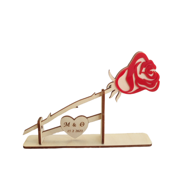Ξύλινο κόκκινο τριαντάφυλλο σε βάση - ξύλο, τριαντάφυλλο, plexi glass, δώρα επετείου, διακοσμητικά