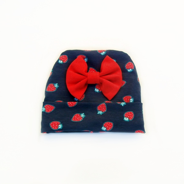 Βρεφικό σετ σκουφάκι με γάντια για κορίτσι μπλε σκούρο με φράουλες και φιόγκο κόκκινο - κορίτσι, σκουφάκια, βρεφικά ρούχα - 2