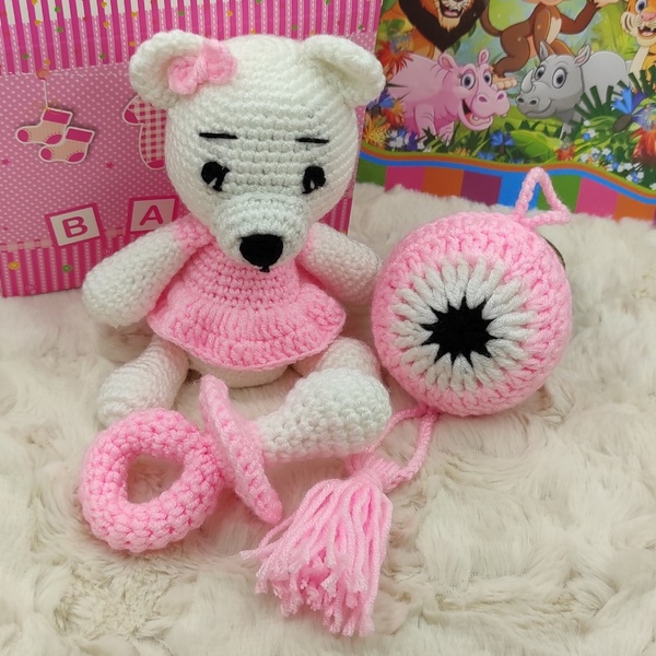 Χειροποίητο πλεκτό σετ δώρου σε ροζ -λευκό χρώμα, με αρκουδάκι, κουδουνίστρα, πιπίλα και κρεμαστό ματάκι - δώρα για βάπτιση, ματάκια, δώρα για μωρά, δώρο γέννησης, φυλαχτά - 4