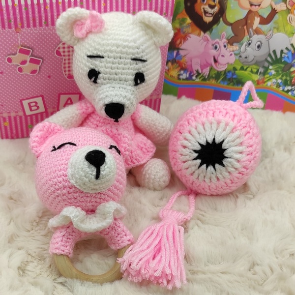 Χειροποίητο πλεκτό σετ δώρου σε ροζ -λευκό χρώμα, με αρκουδάκι, κουδουνίστρα, πιπίλα και κρεμαστό ματάκι - δώρα για βάπτιση, ματάκια, δώρα για μωρά, δώρο γέννησης, φυλαχτά - 5