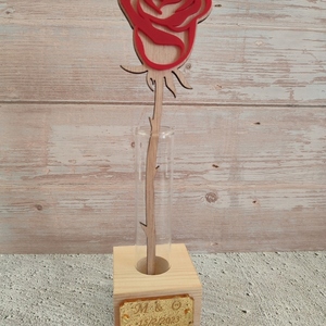 Ξύλινο κόκκινο τριαντάφυλλο σε γυάλινο βάζο - ξύλο, τριαντάφυλλο, plexi glass, δώρα επετείου, διακοσμητικά - 2