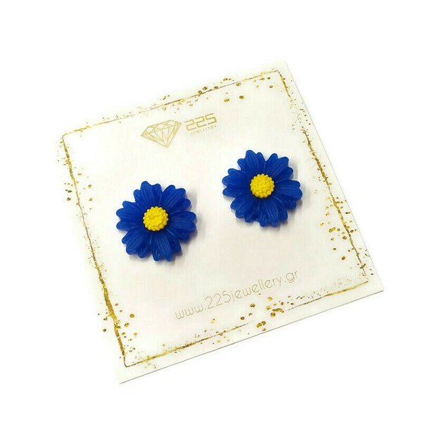 Flowers - Καρφωτά σκουλαρίκια λουλούδια από μπλε πηλό - πηλός, λουλούδι, καρφωτά, ατσάλι, καρφάκι - 3