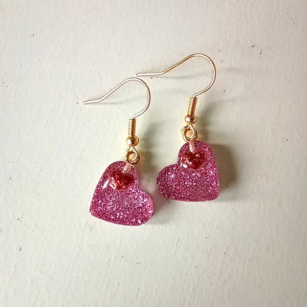 Σκουλαρίκια ροζ καρδούλες από υγρό γυαλί. - γυαλί, καρδιά, κοσμήματα, αγ. βαλεντίνου, δώρα για γυναίκες - 2