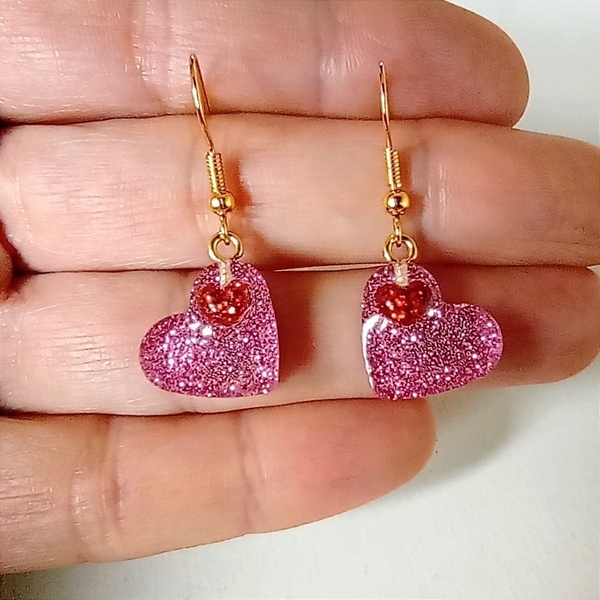 Σκουλαρίκια ροζ καρδούλες από υγρό γυαλί. - γυαλί, καρδιά, κοσμήματα, αγ. βαλεντίνου, δώρα για γυναίκες - 4