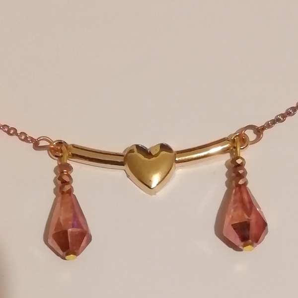 Ατσάλινο κολιέ με μεταλλική μπάρα καρδιά και κρύσταλλα σε ροζ χρυσό 50cm - γυαλί, καρδιά, μέταλλο, κοσμήματα, αγ. βαλεντίνου - 2