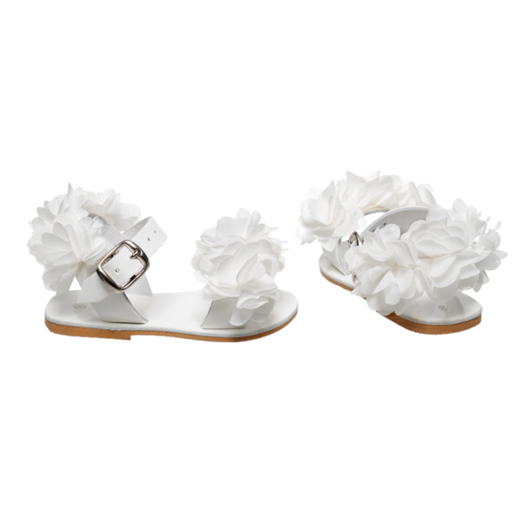Χειροποίητα παιδικά σανδάλια άσπρα λουστρίνι με λουλούδια από δέρμα, Σανδάλια Βερονίκη - δέρμα, λουλούδια, σανδάλια - 4