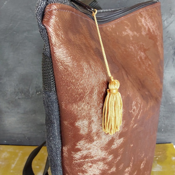 Τσαντα πλατης χειροποιητο backpack με καφέ δερματίνη - ύφασμα, πλάτης, σακίδια πλάτης, μεγάλες, all day - 2
