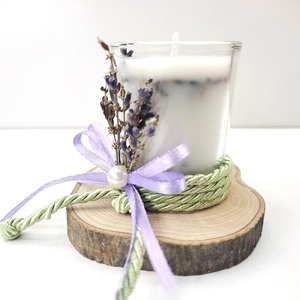 Χειροποίητο κερί με άρωμα λεβάντας με ξύλινη βάση ελιάς 6εκΧ8εκ σε γυάλινο ποτηράκι - γάμου - 5