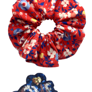 Υφασμάτινο λαστιχάκι scrunchie ''blue flowers ''μεγάλου μεγέθους (lARGE) - ύφασμα, κορίτσι, λουλουδάτο, για τα μαλλιά, λαστιχάκια μαλλιών - 5
