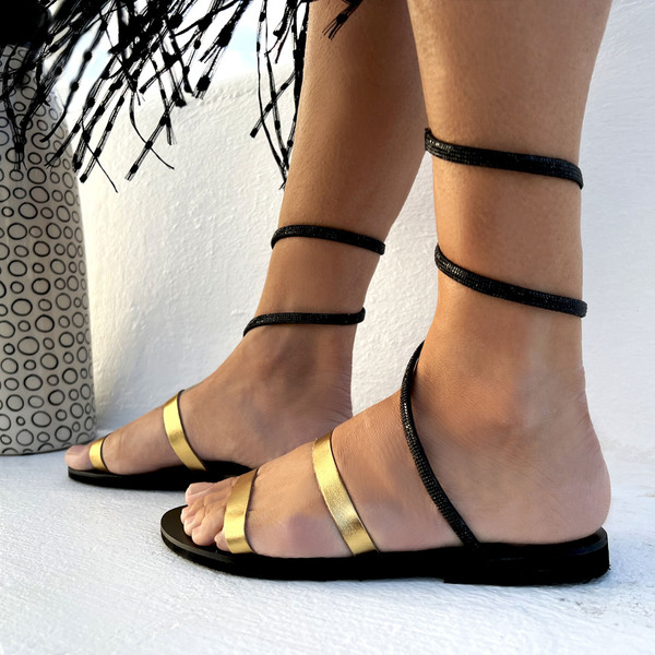 Flat Strappy Lace-Up Sandal : Elpida - δέρμα, μαύρα, gladiator, φλατ