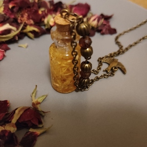 Μενταγιόν "blooming jar" - γυαλί, μακριά, λουλούδι, μπρούντζος, μενταγιόν