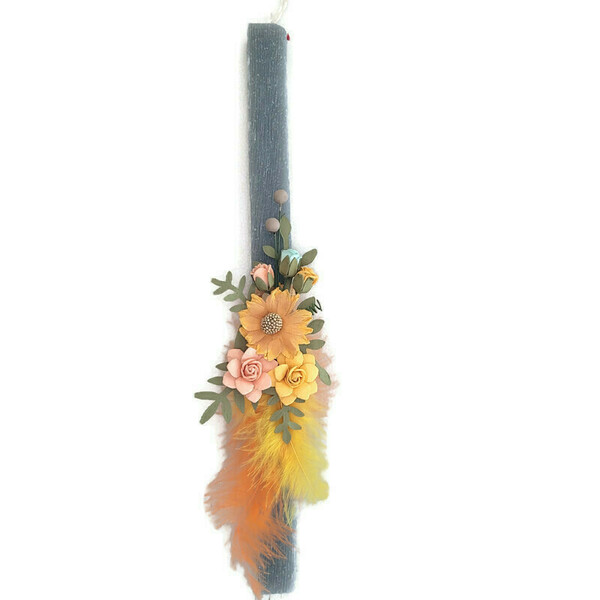 Λαμπάδα γκρι, ξυστή, αρωματική 29 cm. Μπουκέτο από λουλούδια και φτερά! - κορίτσι, λουλούδια, λαμπάδες, χειροποίητα
