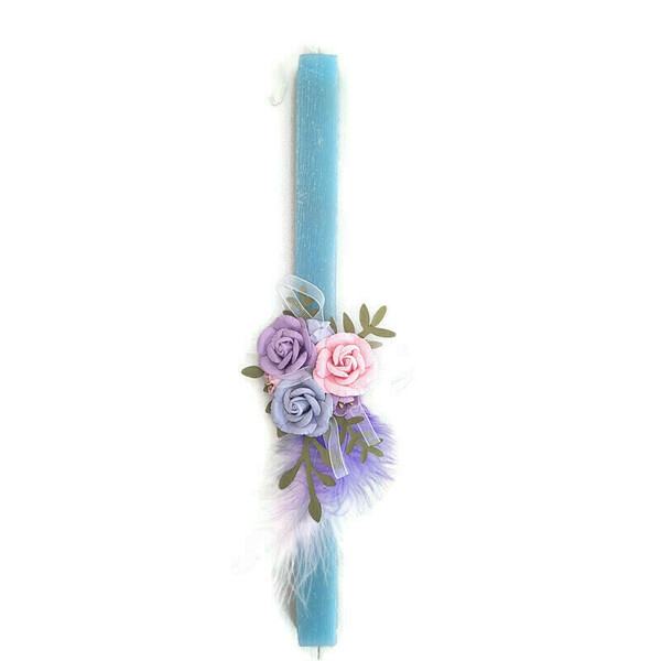 Λαμπάδα γαλάζια, ξυστή, αρωματική 29 cm. Μπουκέτο από λουλούδια και φτερά!-Αντίγραφο - κορίτσι, λουλούδια, λαμπάδες, χειροποίητα