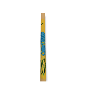 γαλάζια λουλούδια σε κίτρινο φόντο/ λαμπάδα/ κύλινδρος/ 40 εκ./ ζωγραφισμένη - λουλούδια, λαμπάδες, για παιδιά, για ενήλικες, για εφήβους