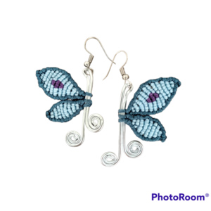 Σκουλαρίκια macrame πεταλούδες - μπλε - νήμα, μακραμέ, πεταλούδα, κρεμαστά, γάντζος