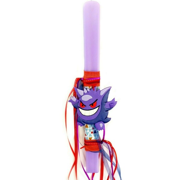 Λαμπάδα με μοβ τερατάκι από πολυμερικό πηλό σε πλακέ κερί (38*3*1 εκ.) - λαμπάδες, χειροποίητα, για παιδιά, πολυμερικό πηλό