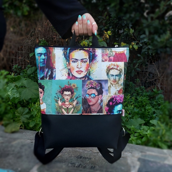 Backpack Frida Kahlo με μαύρη δερματίνη - ύφασμα, πλάτης, μεγάλες, all day, δερματίνη - 3