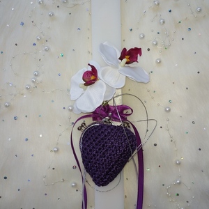 Λευκή αρωματική λαμπάδα με ορχιδέες και μωβ πλεκτό πορτοφόλι - πορτοφολάκι, κορίτσι, λουλούδια, λαμπάδες, για ενήλικες - 2