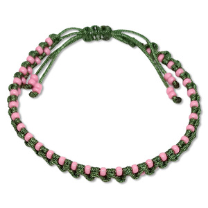 Πλεχτό Βραχιόλι Πράσινο Κορδόνι Ροζ Χάντρες - μακραμέ, κορδόνια, χάντρες, χεριού, αυξομειούμενα
