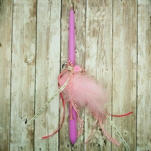 Πασχαλινή λαμπάδα Φλαμίνγκο με πούπουλα - ροζ, οβάλ 32εκ. - κορίτσι, λαμπάδες, flamingos, για παιδιά, για εφήβους - 2