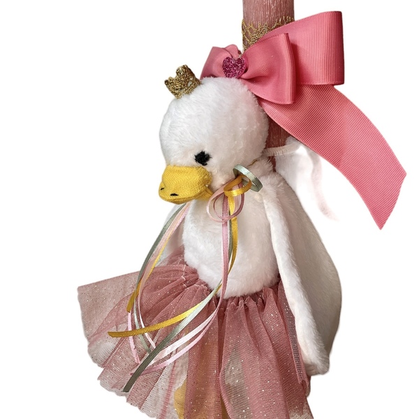 Πασχαλινή παιδική λαμπάδα ροζ 34cm με λευκό λούτρινο παπάκι . - λούτρινα, για παιδιά, αρωματικές λαμπάδες - 3