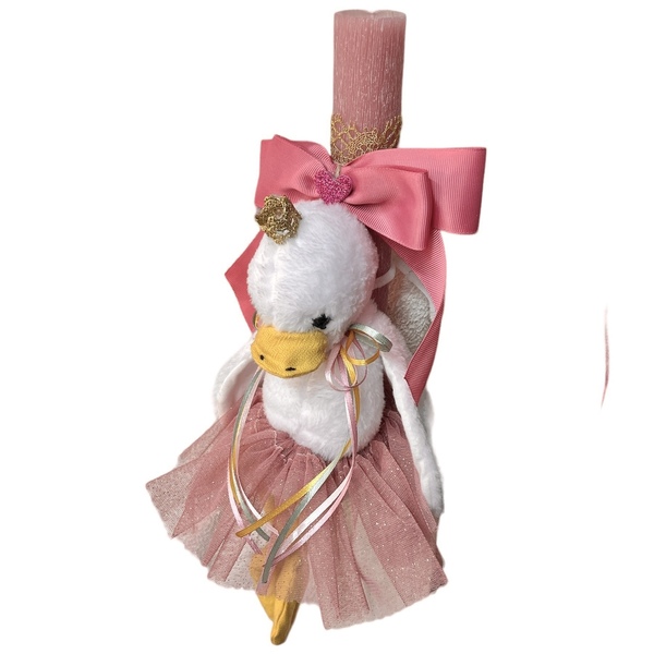 Πασχαλινή παιδική λαμπάδα ροζ 34cm με λευκό λούτρινο παπάκι . - λούτρινα, για παιδιά, αρωματικές λαμπάδες - 4