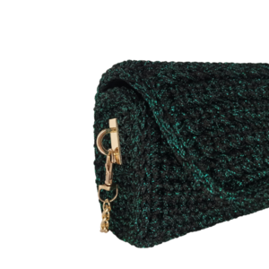 Βραδινή glitz πλεκτή τσάντα με χρυσή αλυσίδα , πράσινο - νήμα, clutch, ώμου, πλεκτές τσάντες, βραδινές - 4